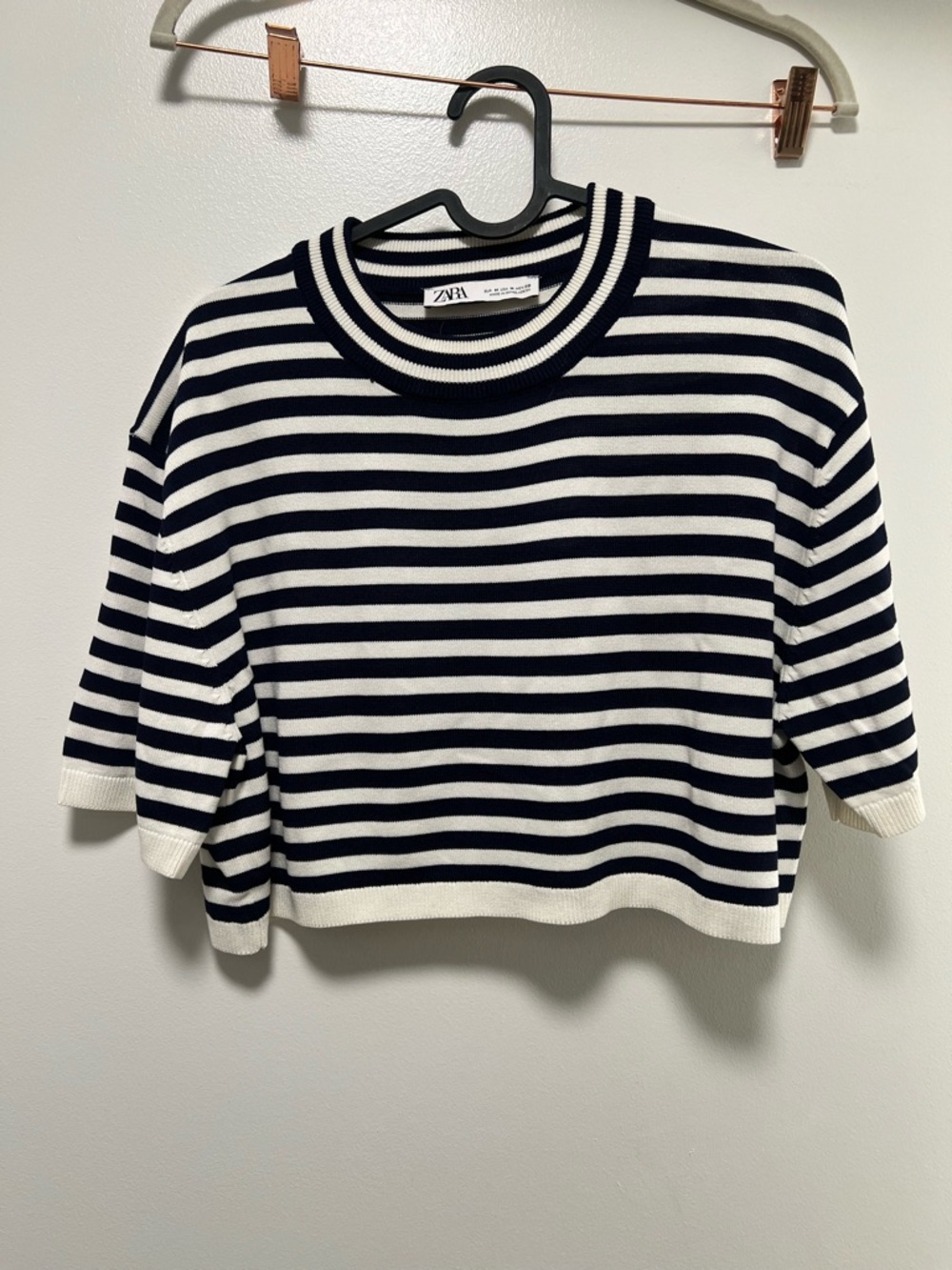 Zara Navy & White Striped Short Sleeve Crew